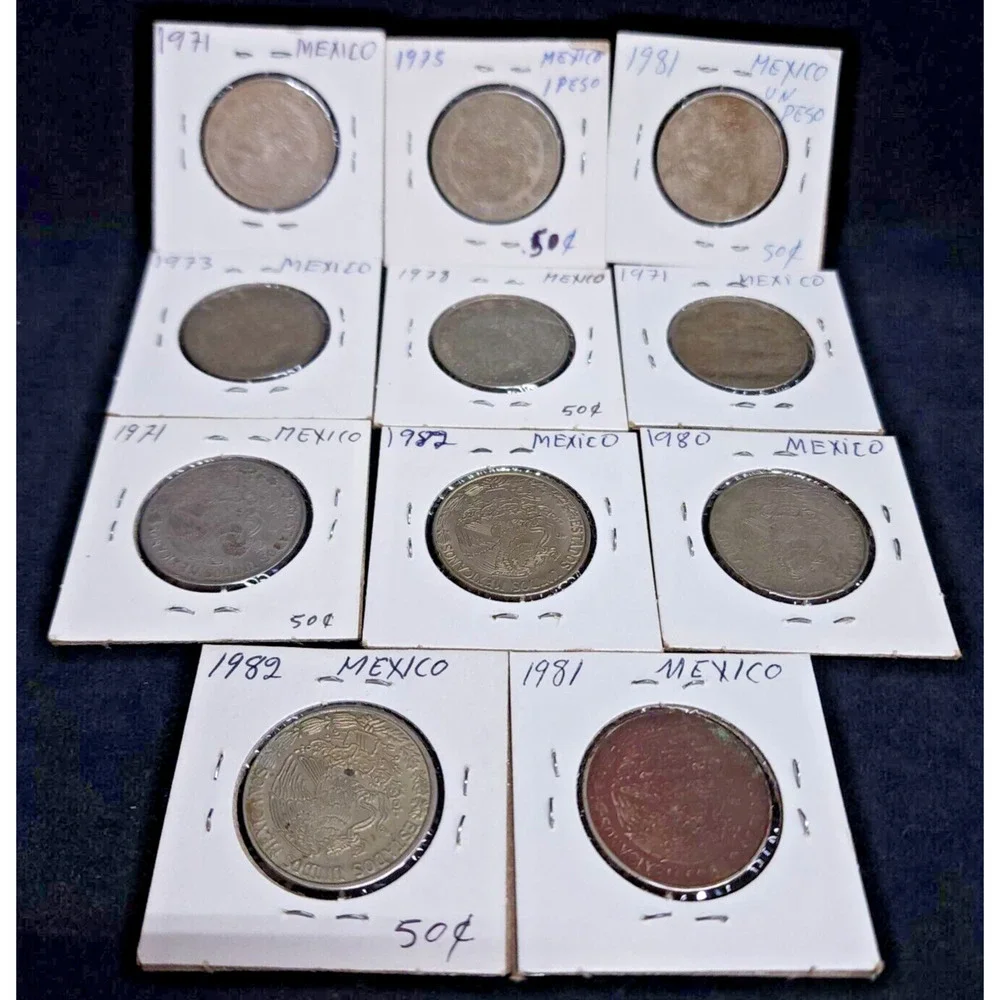 Lot Of 11 Old Vintage Mexican Un Peso Coins 1971 - 1982 Fine Mexico Pesos Coin